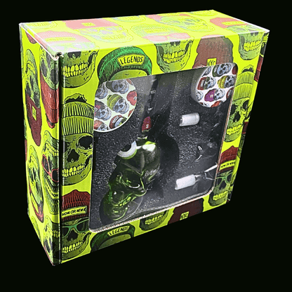 Boxed green skull glass bong smoking gift set