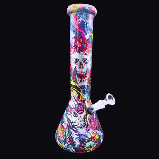 Sparky’s multicolour skull street-art glass beaker bong – 31.5cm