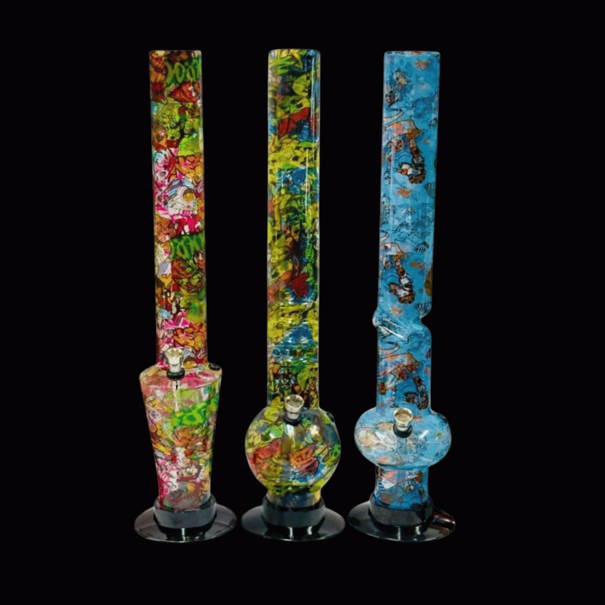 Assorted Sparky’s tall acrylic bongs with colourful full-print artwork