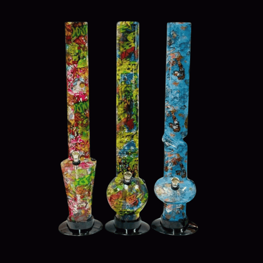 Assorted Sparky’s tall acrylic bongs with colourful full-print artwork