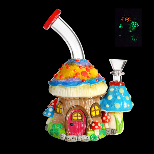 GlowShroom Cottage 17cm Glass & Resin Bong – Glow-in-the-Dark Mushroom House