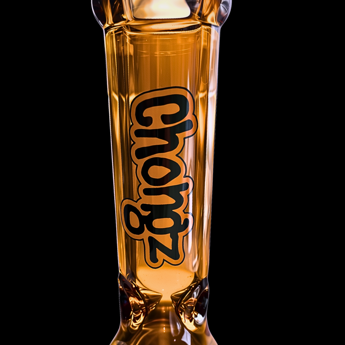 Close-up of black Chongz branding on the gold glass neck