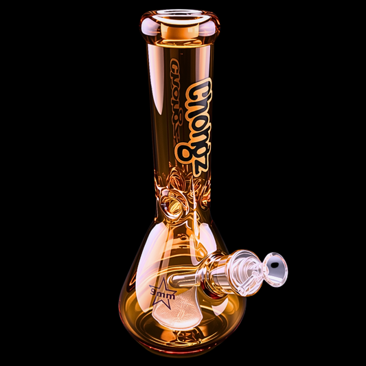 Full-length view of Chongz TLC gold 9mm glass beaker bong with removable bowl