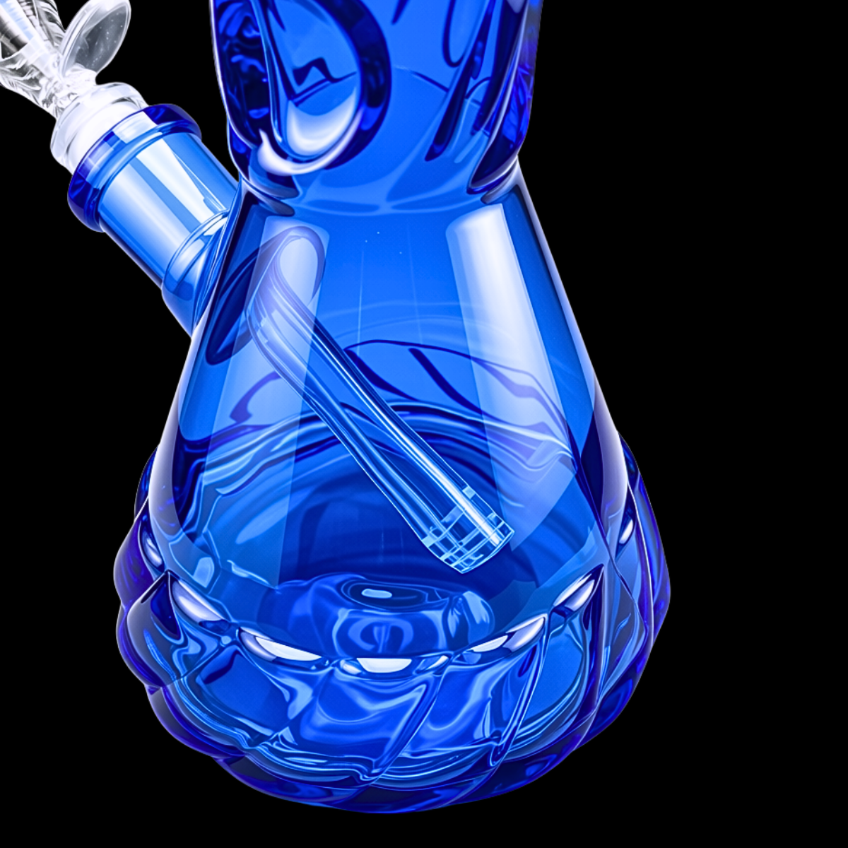 Close-up of The Chubby blue glass bong showing bowl, downstem and textured base