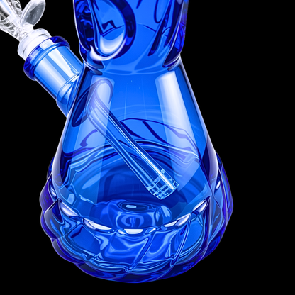 Close-up of The Chubby blue glass bong showing bowl, downstem and textured base