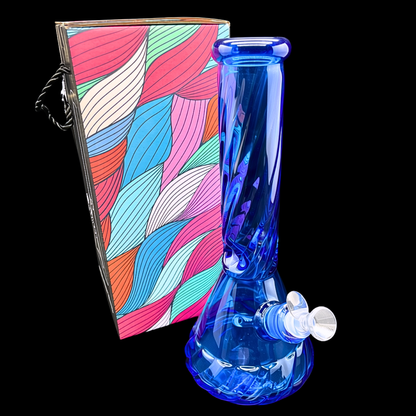  The Chubby blue spiral glass bong displayed beside its presentation box