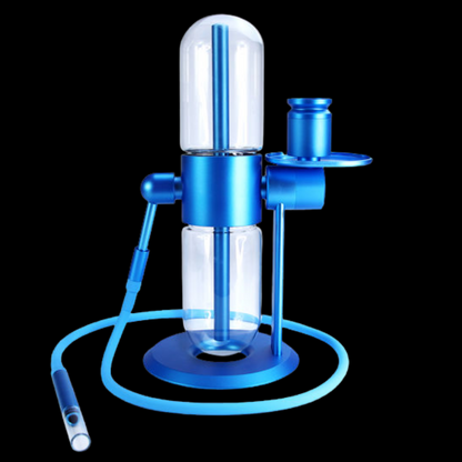 Blue 360-degree gravity bong with twin glass chambers, silicone hose and circular stand