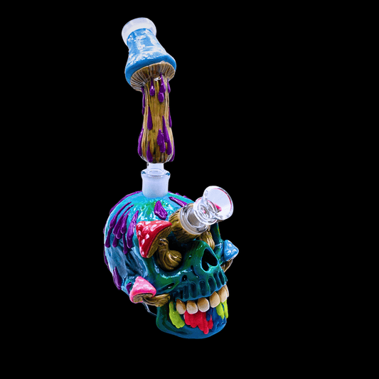Camden Melt Skull 25cm glass bong with colourful sculpted skull and mushroom detailing