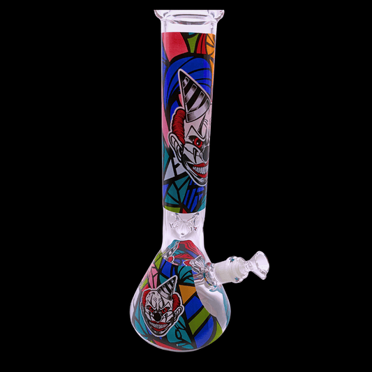 Killer Clown glass beaker bong with colourful horror artwork and ice pinch – 35cm