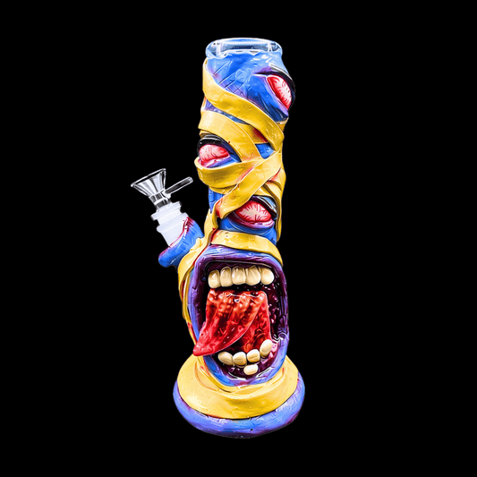 The Mummy novelty glass bong in blue and yellow – 25cm