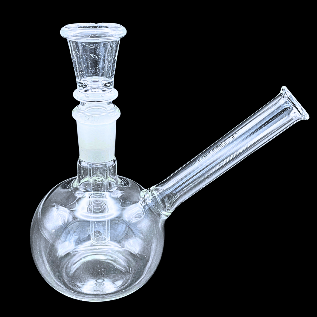 The Orbit Mini 12cm clear glass bong with round bubble base and angled mouthpiece