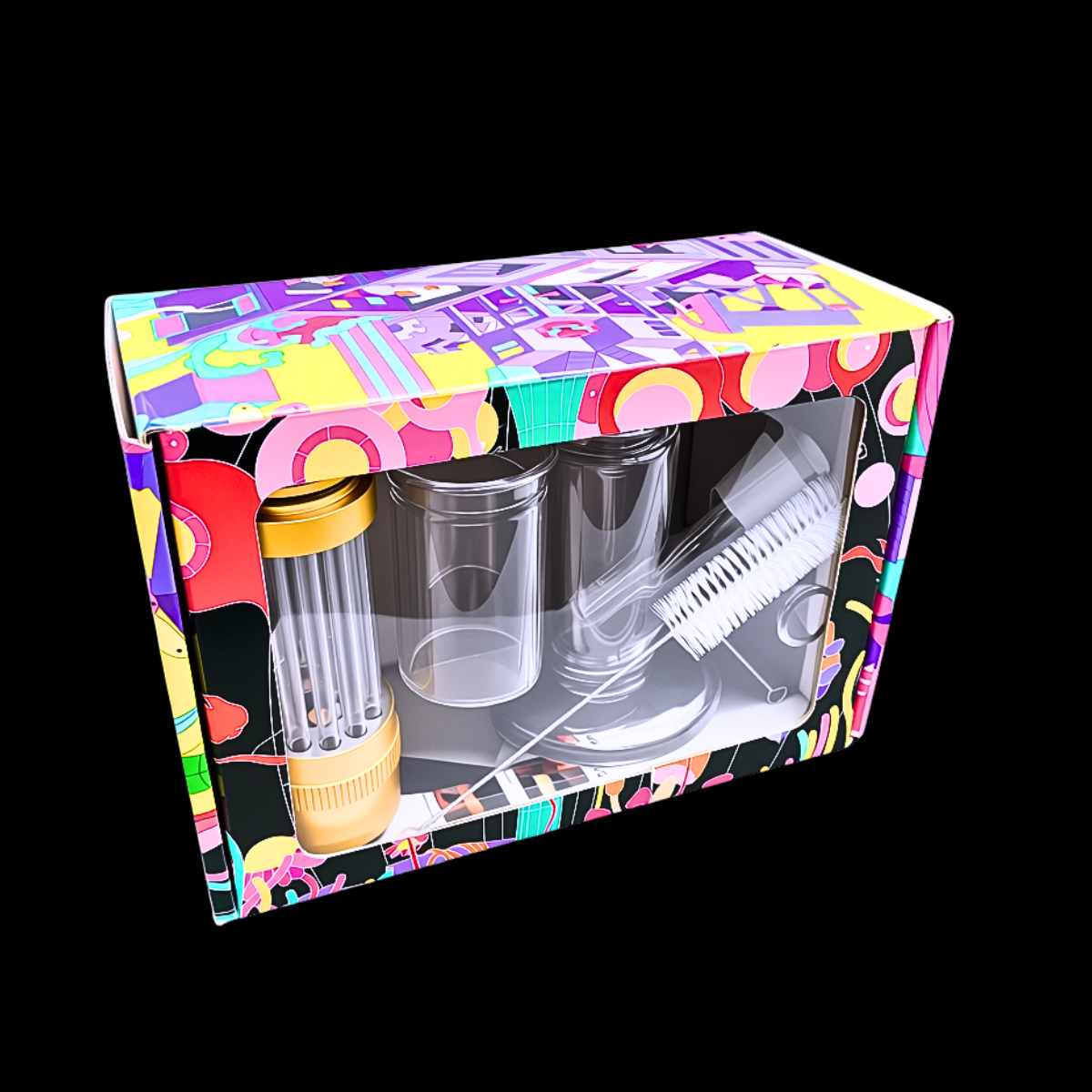 The Shift Flow adjustable percolator bong in its colourful presentation box