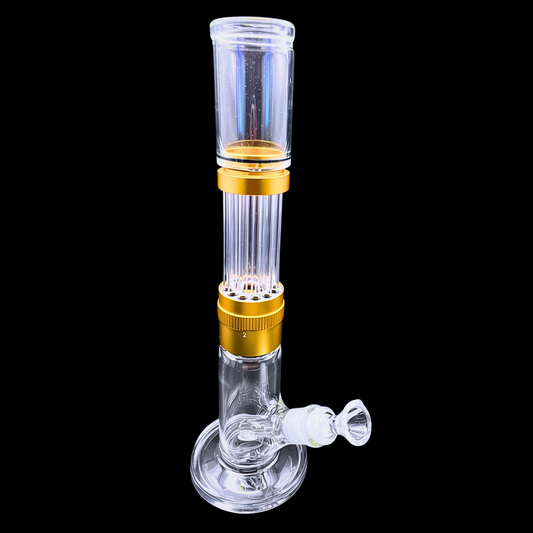 The Shift Flow 34cm adjustable glass bong with gold collar and 12-arm percolator