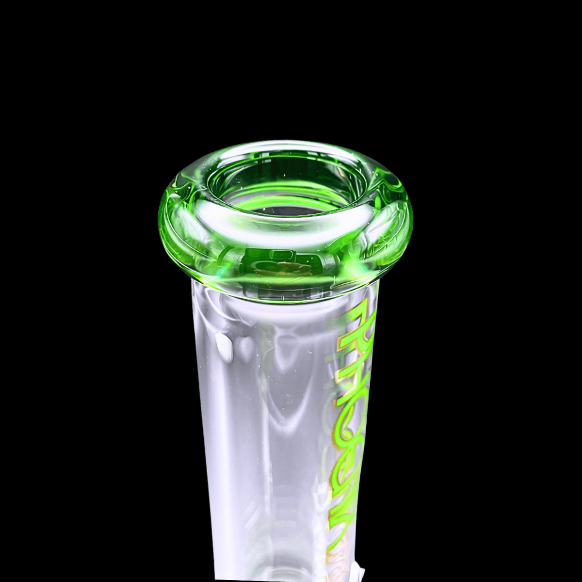 Close-up of green rimmed mouthpiece on Phoenix Star glass bong