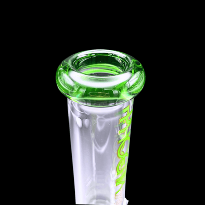 Close-up of green rimmed mouthpiece on Phoenix Star glass bong