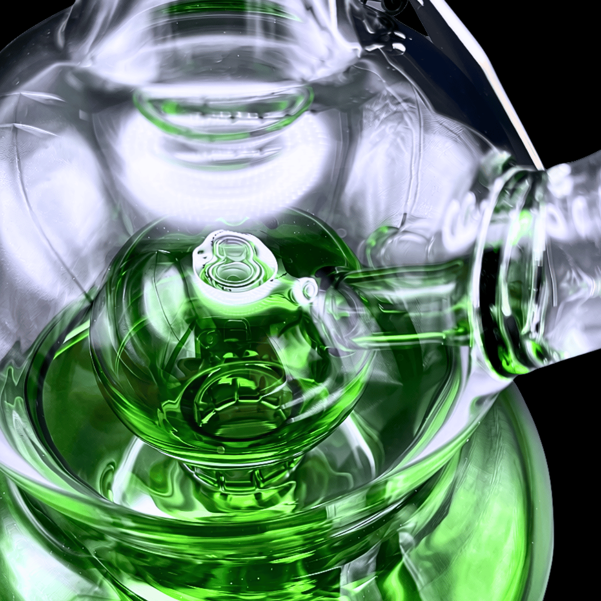 Close-up of green bubble chamber and glass bowl on Phoenix Star bong