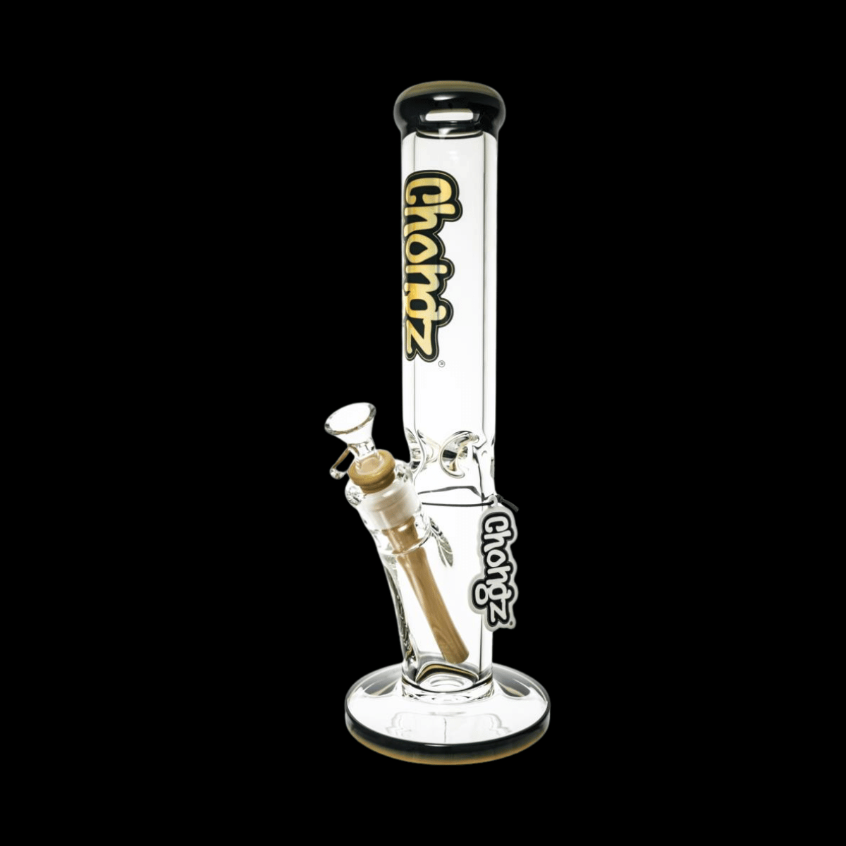 Chongz Bob 35cm straight ice bong made from 9mm clear glass with orange accents and a wide circular base