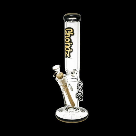 Chongz Bob 35cm straight ice bong made from 9mm clear glass with orange accents and a wide circular base