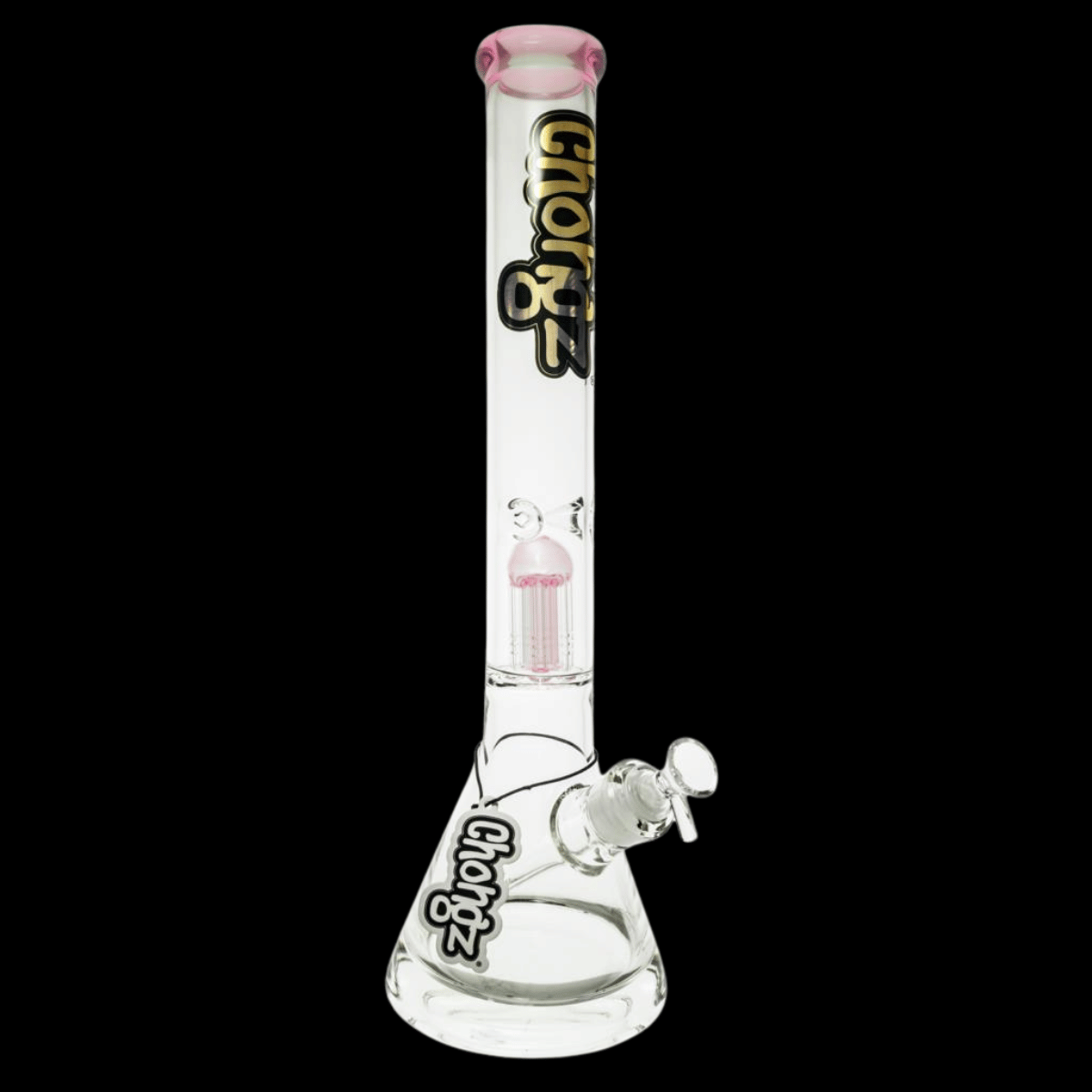 Pink glass percolator inside the Chongz Mighty Mike 46cm beaker bong