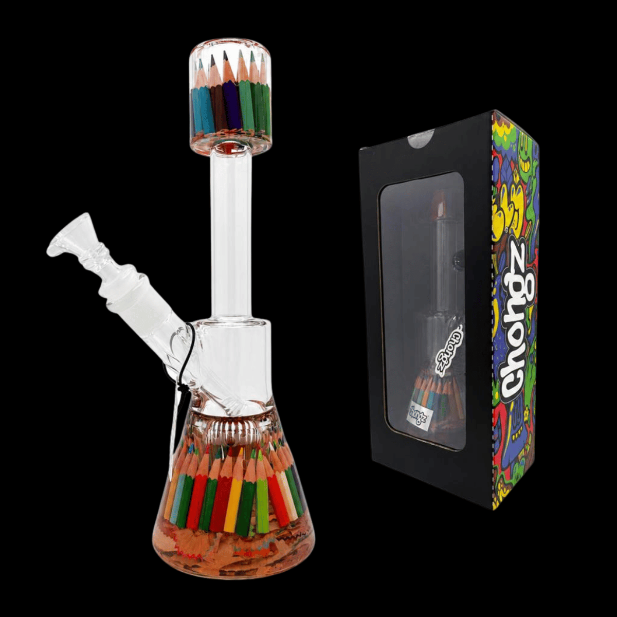 Chongz Pencil Case 35cm glass beaker bong with colourful pencil design and branded box