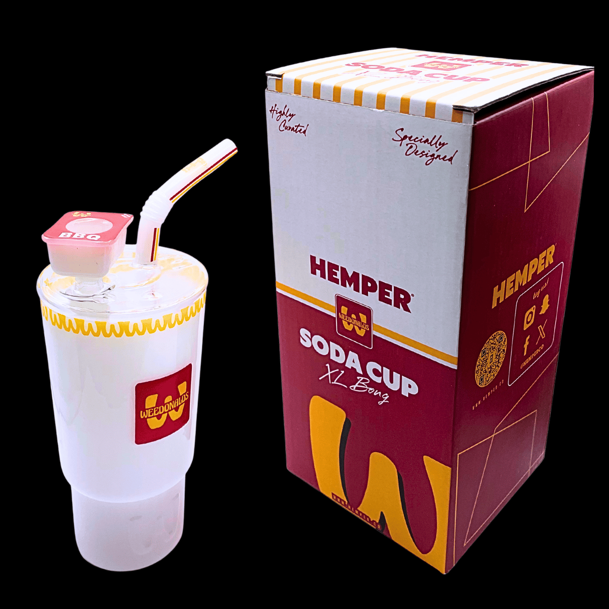 HEMPER Weedonald’s Soda Cup XL percolator bong displayed with branded retail box