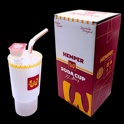 HEMPER Weedonald’s Soda Cup XL percolator bong displayed with branded retail box