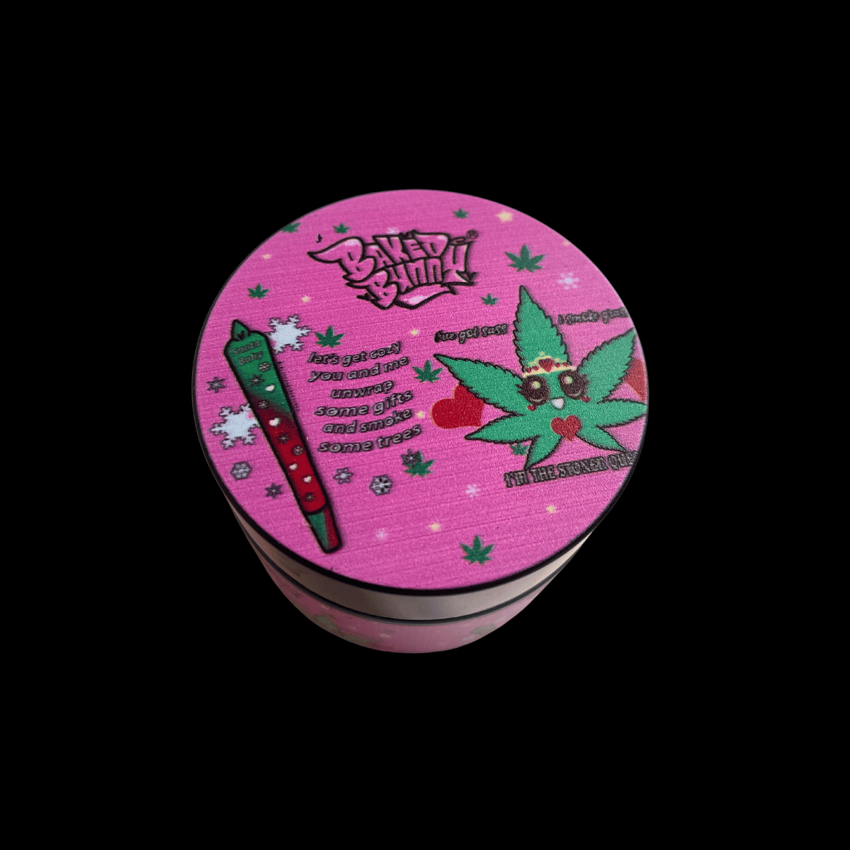 Matching Baked Bunny metal grinder with pink cartoon leaf design
