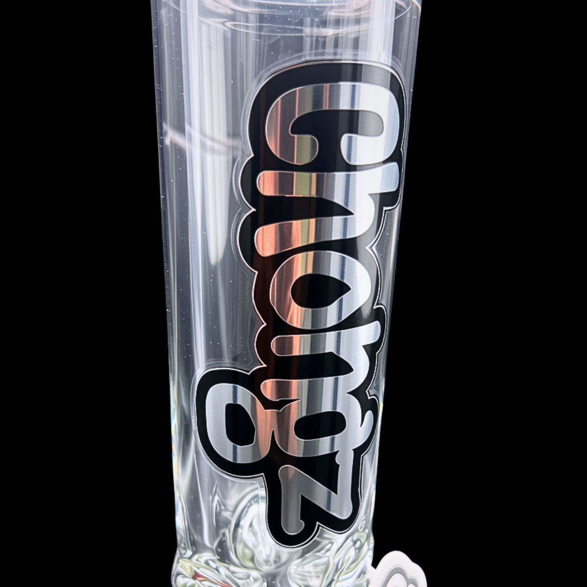 Close-up of the black Chongz branding on the clear 9mm glass neck