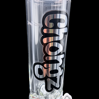 Close-up of the black Chongz branding on the clear 9mm glass neck