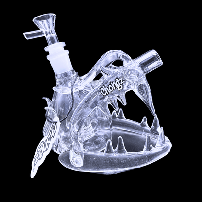 Chongz Dragon’s Maw glass bong showing sculpted teeth and side profile