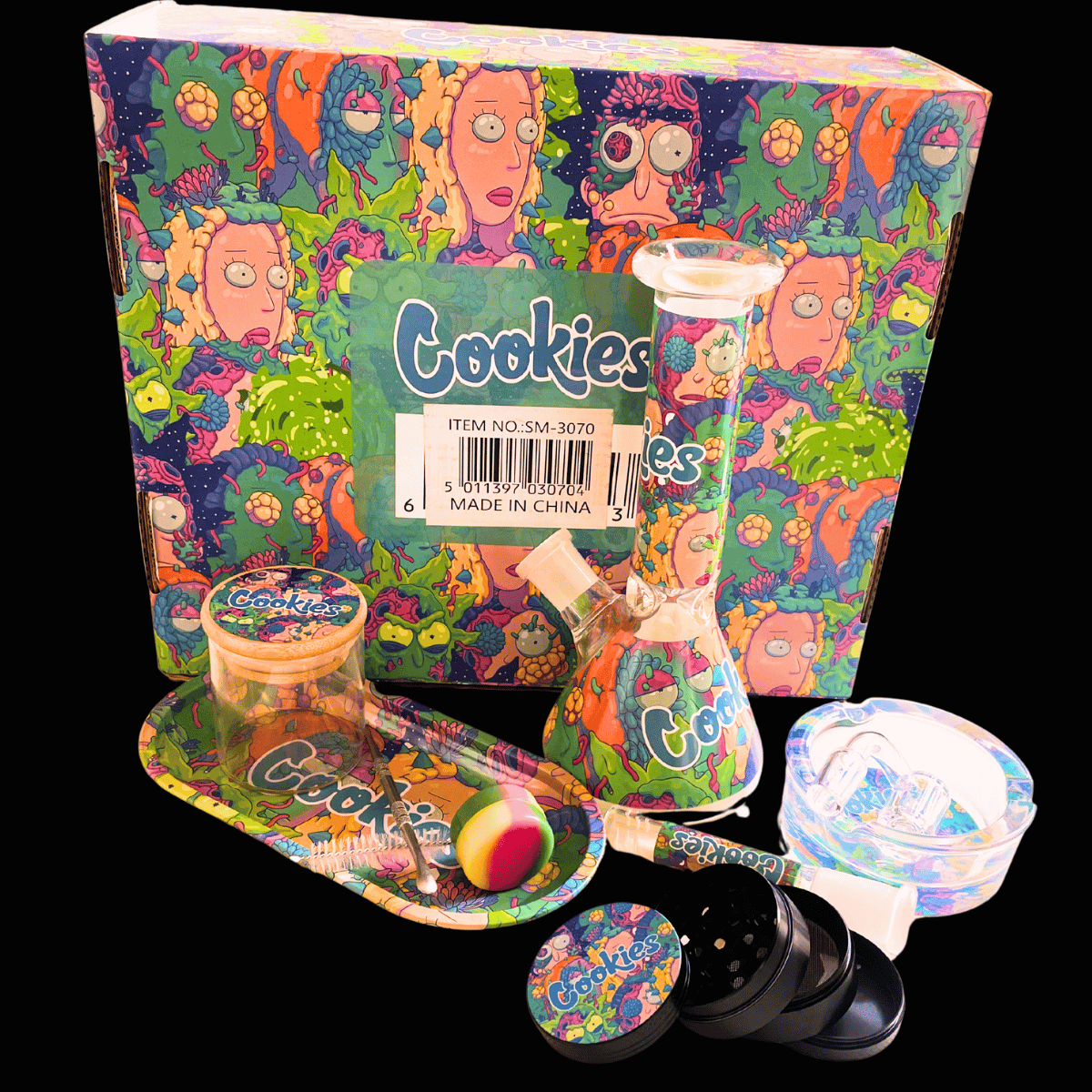 Open Rick & Morty bong gift box displaying the colourful matching accessory bundle