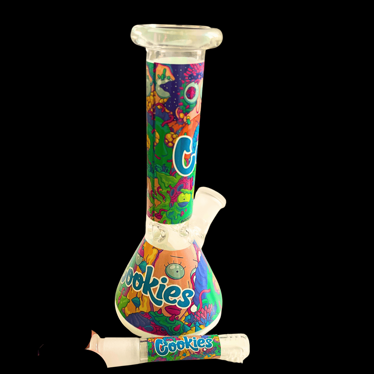 Rick & Morty themed glass bong with colourful multiverse-style artwork