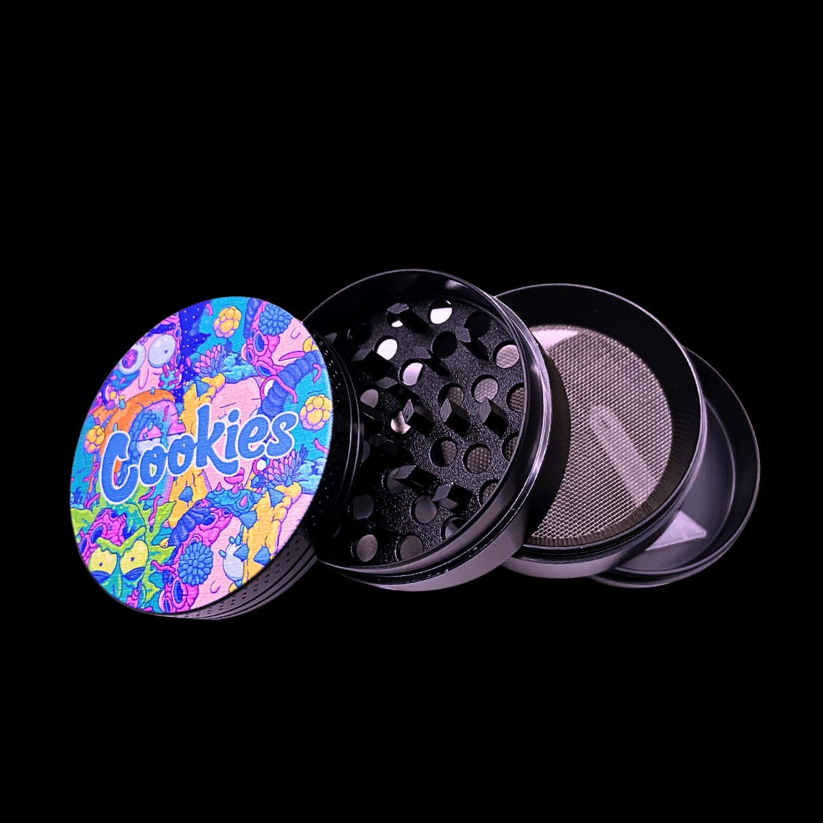 Open Rick and Morty metal grinder showing teeth, screen and collection chambers