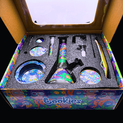 Open Rick and Morty gift box displaying the complete nine-piece bong accessory bundle