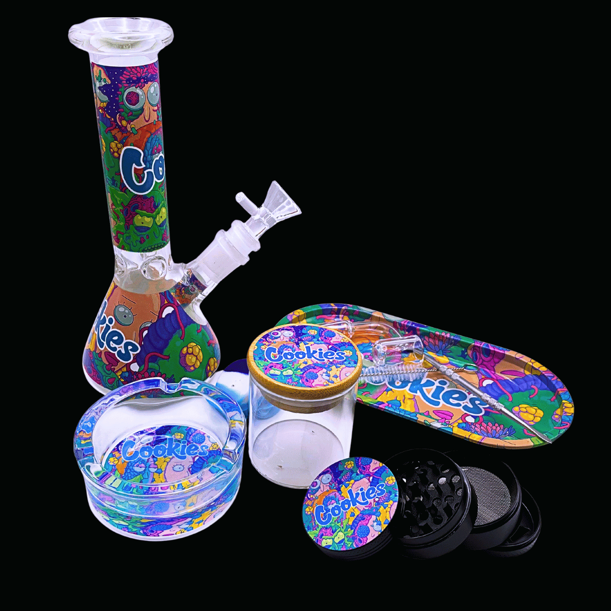 Rick and Morty glass bong with matching grinder, rolling tray, ashtray and accessories