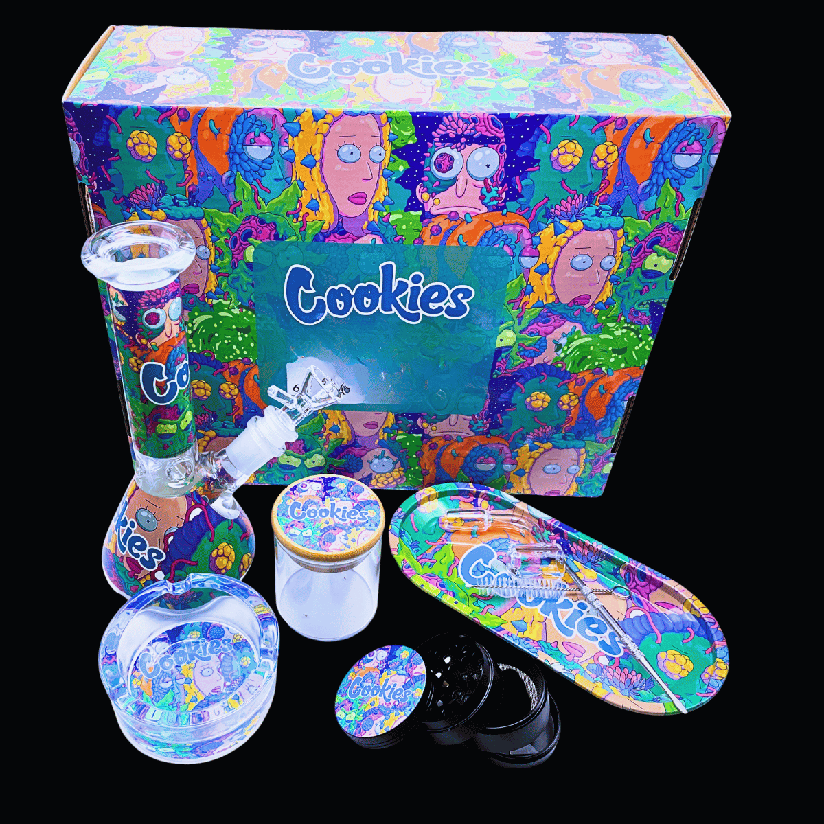 Alt text for the seven images, in the order shown:
1. Rick and Morty glass bong gift set with matching accessories and colourful presentation box