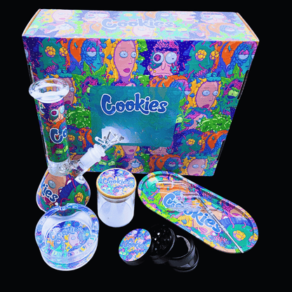 Alt text for the seven images, in the order shown:
1. Rick and Morty glass bong gift set with matching accessories and colourful presentation box