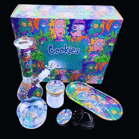 Alt text for the seven images, in the order shown:
1. Rick and Morty glass bong gift set with matching accessories and colourful presentation box