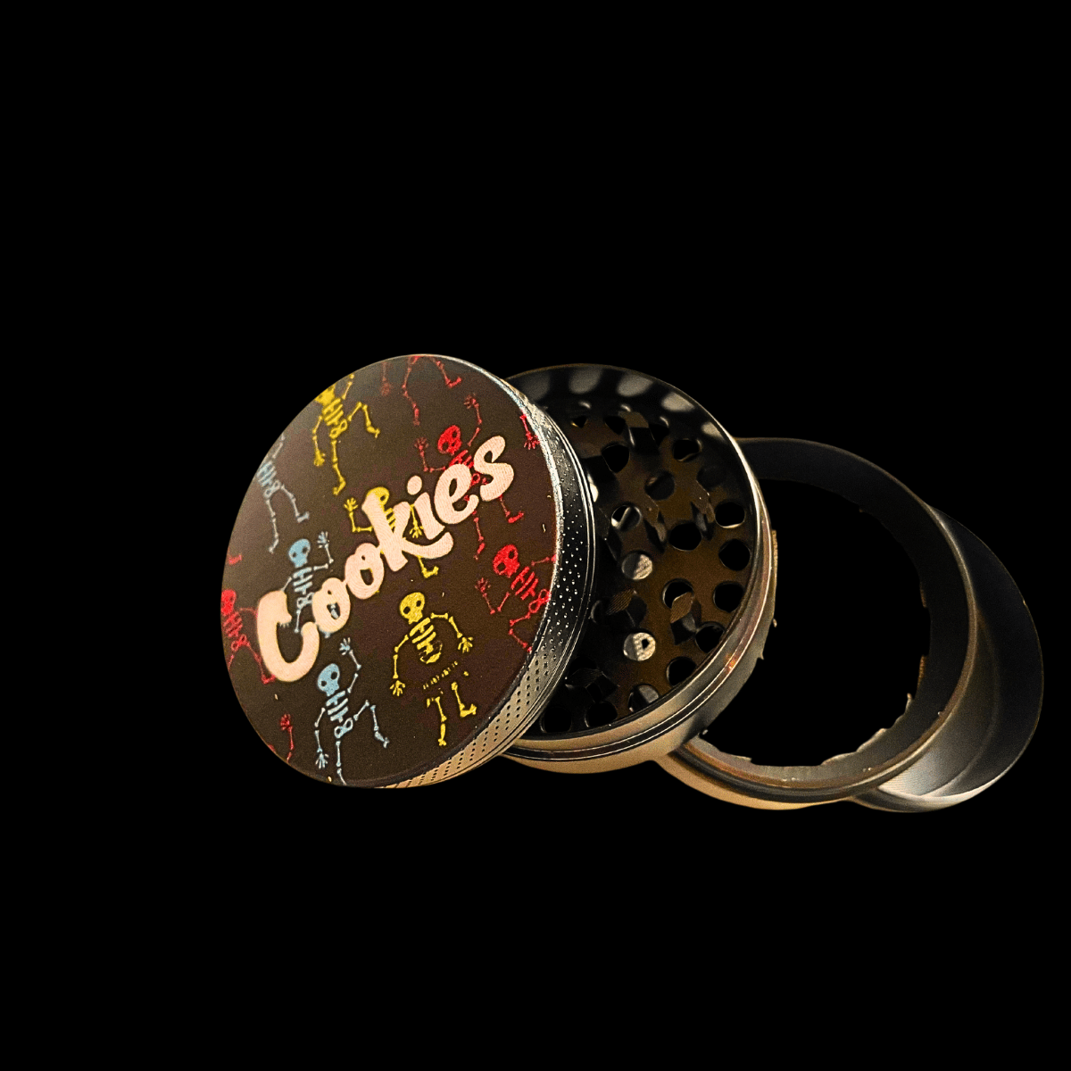 Open 45mm 4-part metal grinder from the Cookies Skeleton bong and dab kit