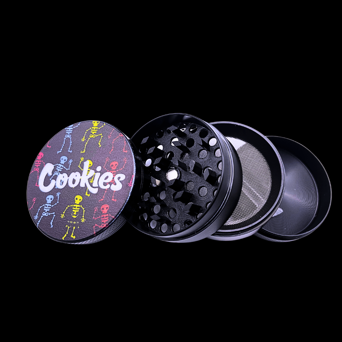 Open Cookies Skeleton metal grinder showing teeth, screen and collection chambers
