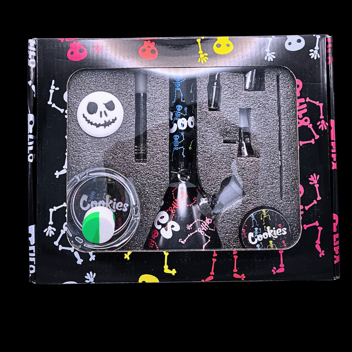 Cookies Skeleton glass bong with matching grinder, tray, ashtray and dab accessories