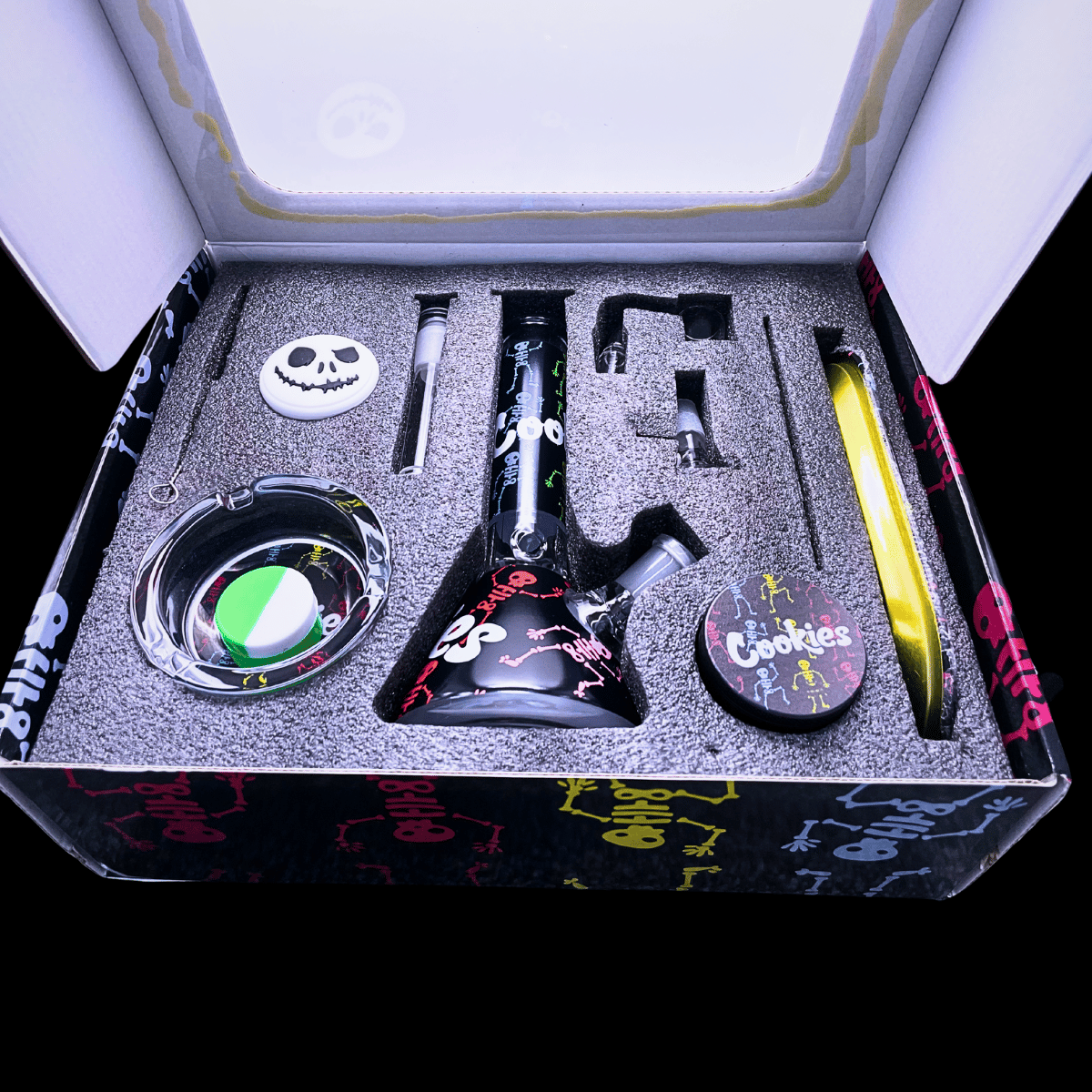 Open Cookies Skeleton gift box displaying the bong, bowl, quartz banger and accessories