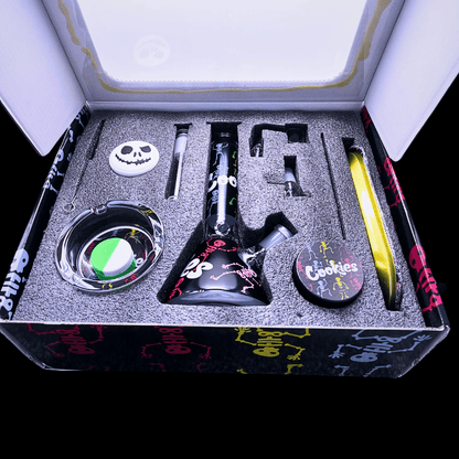 Open Cookies Skeleton gift box displaying the bong, bowl, quartz banger and accessories