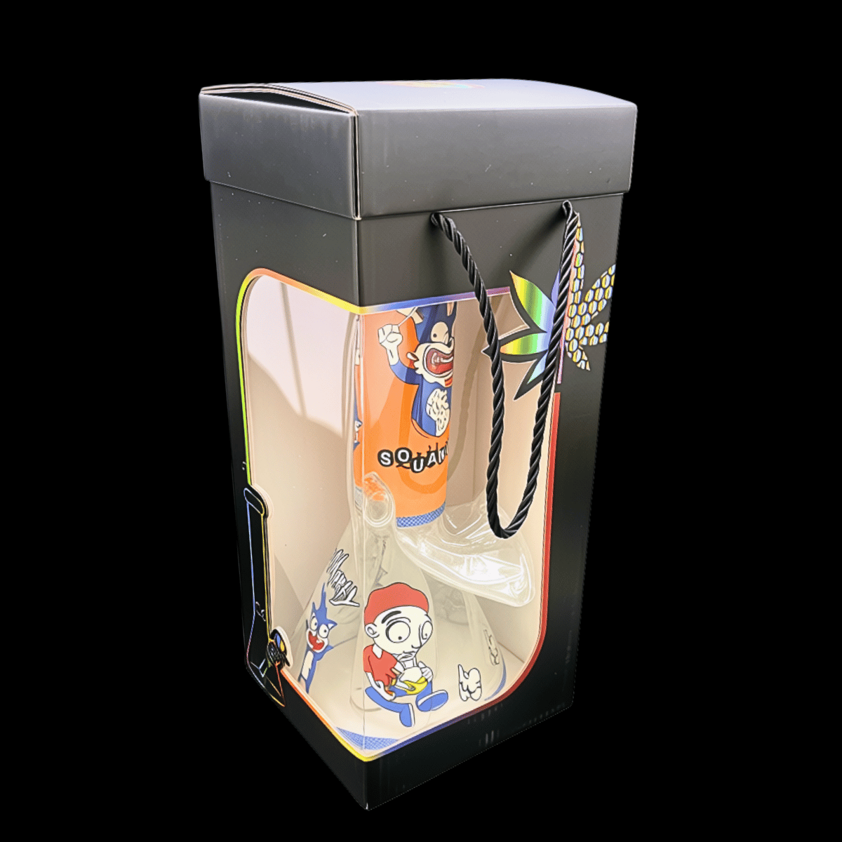 Character Collage glass beaker bong inside its windowed presentation box