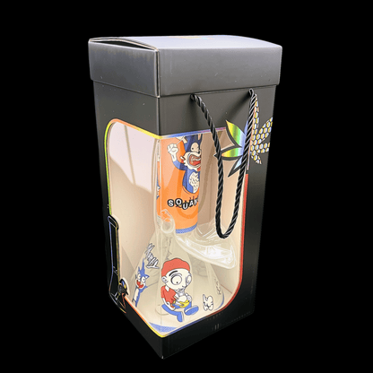 Character Collage glass beaker bong inside its windowed presentation box