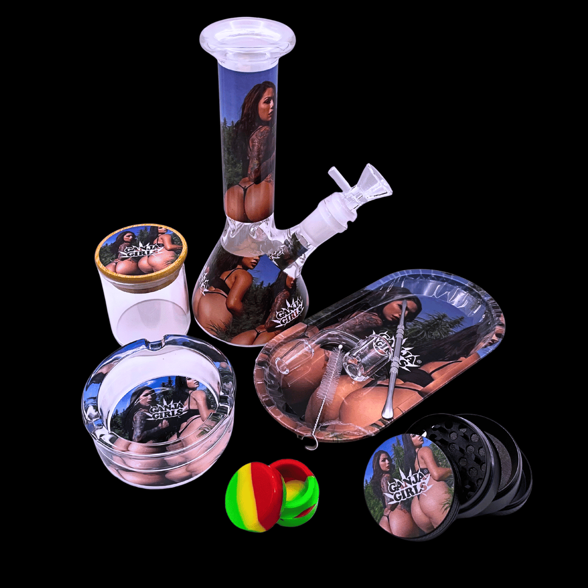 Ganja Girls glass bong with matching grinder, tray, ashtray and accessories