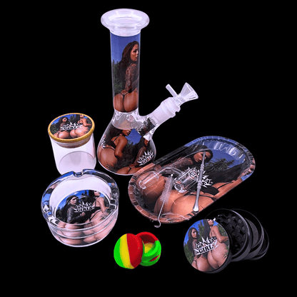 Ganja Girls glass bong with matching grinder, tray, ashtray and accessories