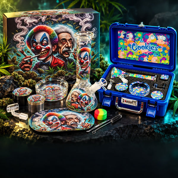 Illustrated bong gift-set display featuring a clown kit and blue lockable case