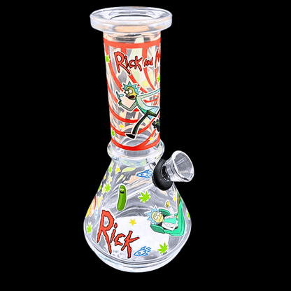 Red: Red Rick and Morty-inspired mini glass bong with cartoon artwork