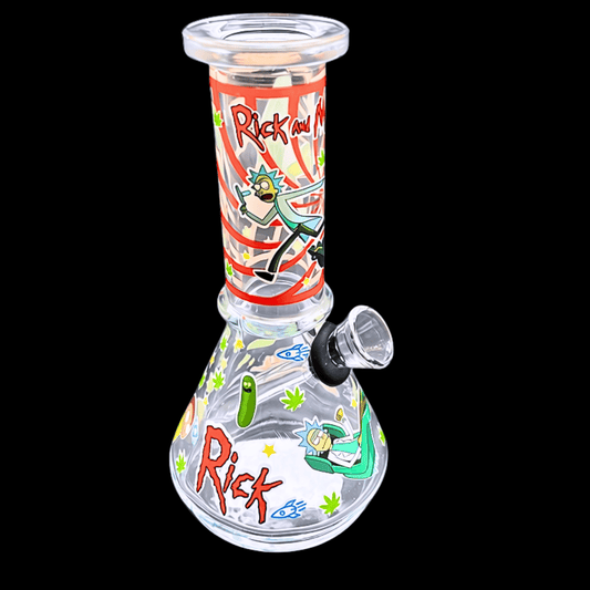 Red: Red Rick and Morty-inspired mini glass bong with cartoon artwork